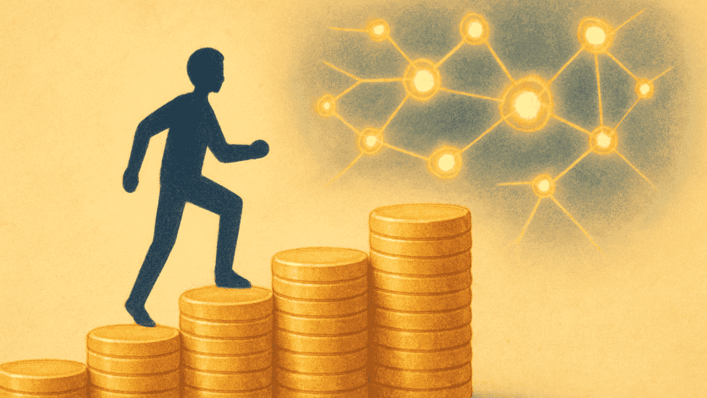 Minimalist illustration of person climbing stacked gold coins with neural connections in background, representing skill development and personal growth