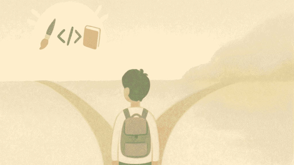 Young person at crossroads choosing between skill-building path with floating icons and uncertain foggy path, illustrated in soft pastel colors with hand-drawn style