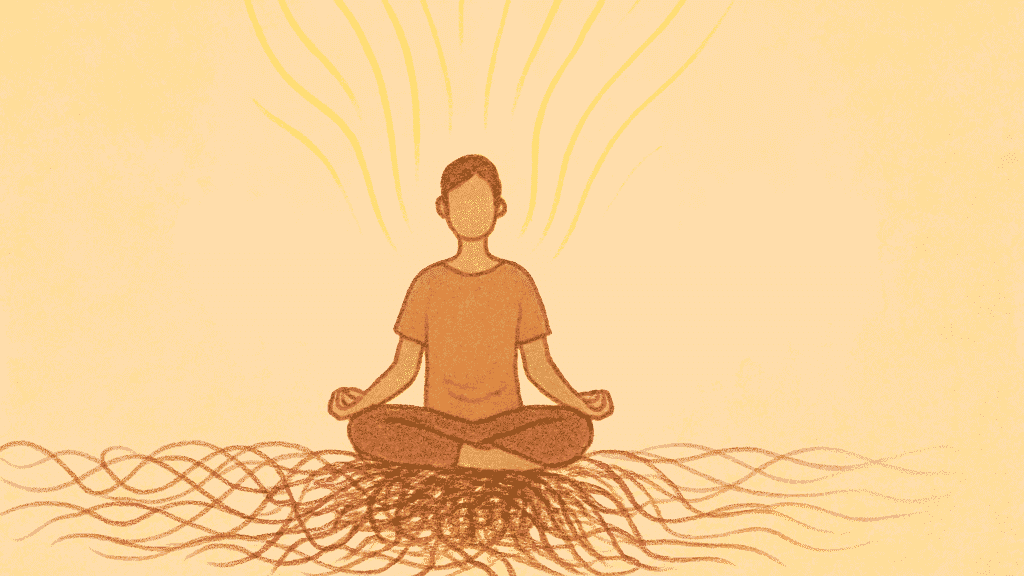 Person meditating with dark tangled lines transforming into bright ascending light rays, symbolizing finding purpose through pain