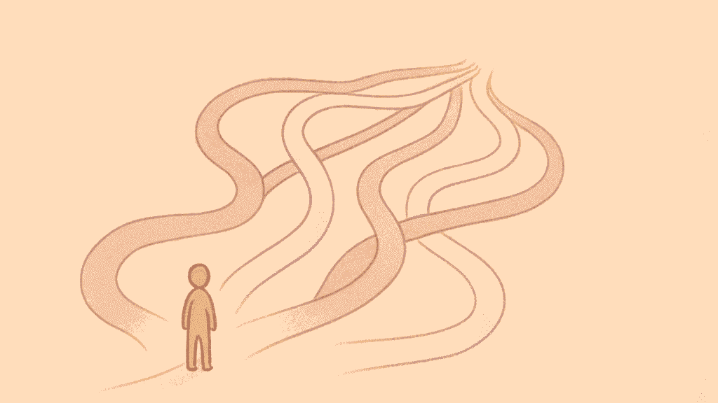 Illustration of a person at a winding path that splits into multiple colorful trails representing different learning journeys and experiences before converging