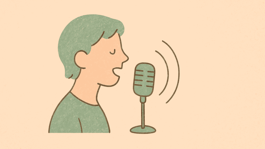 Minimalist illustration of a person speaking into a microphone with sound waves, representing sales communication and tone mastery