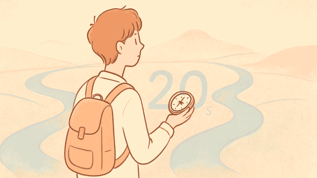 Minimal illustration of person at crossroads holding compass, representing life decisions and direction-finding in your twenties