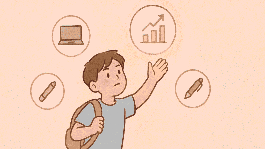 A student reaching toward glowing skill icons representing coding, design, and data, symbolizing personal growth and learning.