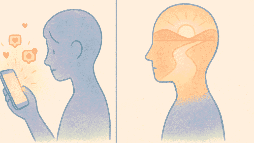 A minimalist illustration showing a person choosing between a smartphone with notifications and a vision of their future self, representing the conflict between instant gratification and meaningful goals