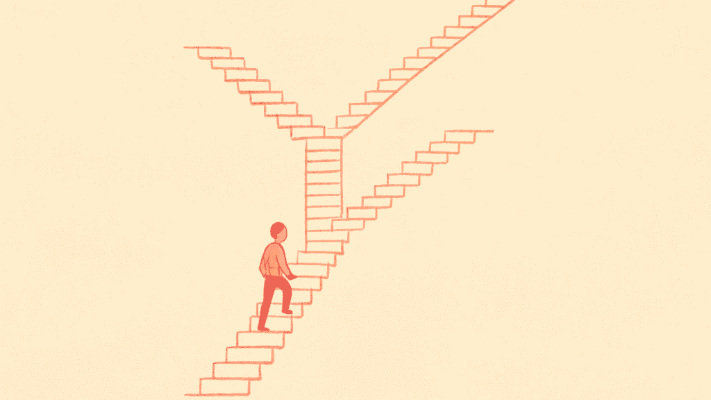 Minimalist illustration of person climbing multiplying staircases representing volume and continuous effort in business growth
