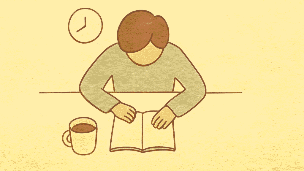 Minimalist illustration of person working at organized desk with single notebook and coffee cup in warm pastel colors