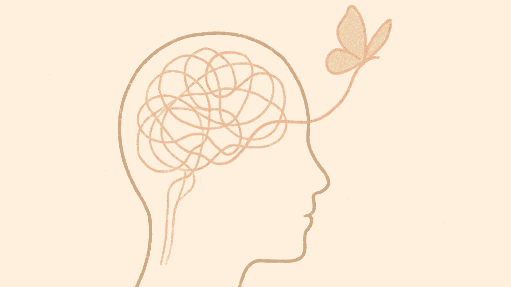 Minimalist illustration of a human head profile with tangled neural pathways and a golden thread transforming into a butterfly, representing fear transformation and brain rewiring
